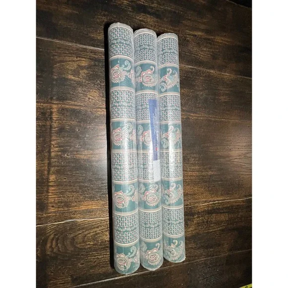 3 Rolls VTG 90s C&A Wallcoverings VT4012 Teal Paisley Floral Wallpaper Bolts NOS - Picture 5 of 7